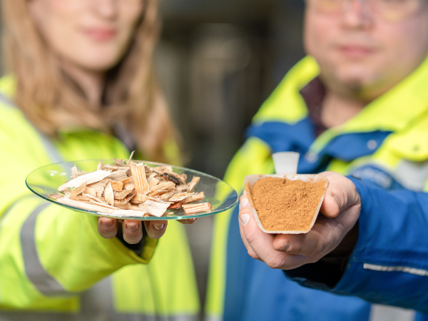 Zwei Händel halten Glaschalen mit Hackschnitzeln und Lignin.