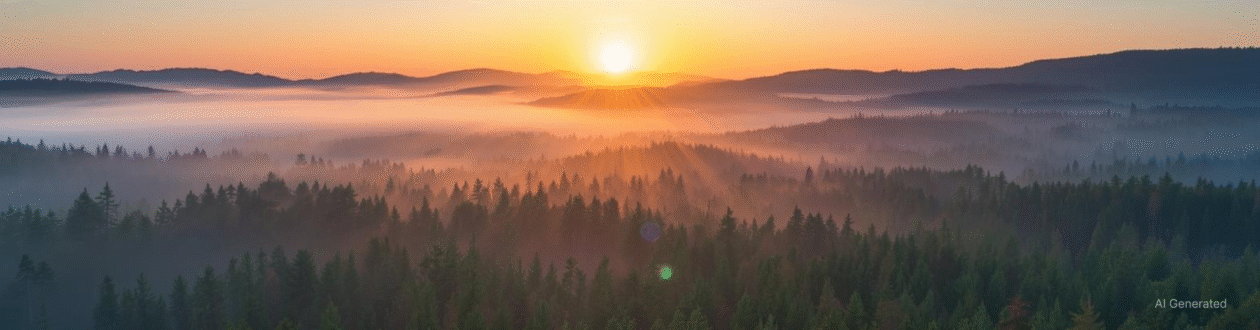 Sonnenaufgang über nebligen Wäldern und Bergen. Goldene Sonnenstrahlen durchbrechen den orangefarbenen Dunst über den Baumwipfeln.
