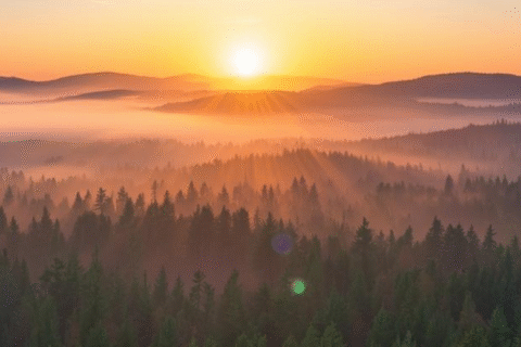 Sonnenaufgang über nebligen Wäldern und Bergen. Goldene Sonnenstrahlen durchbrechen den orangefarbenen Dunst über den Baumwipfeln.