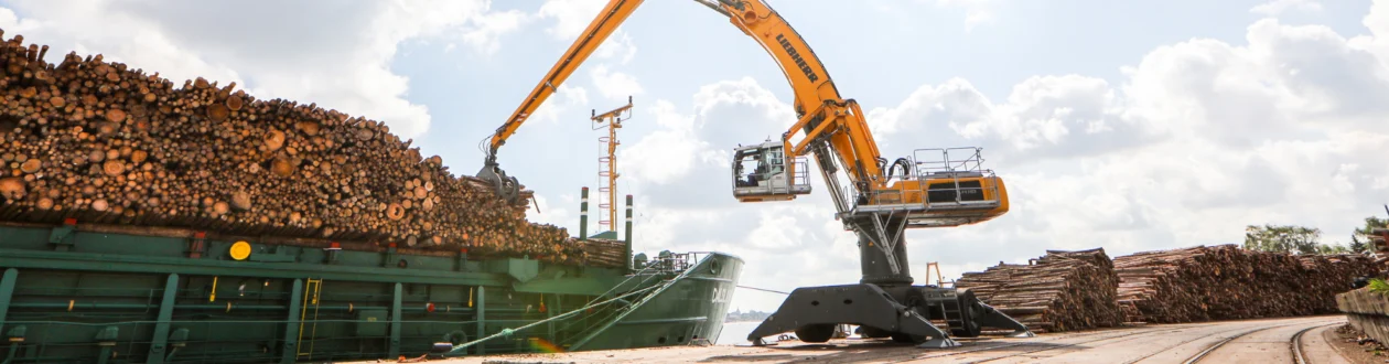 Ein orangefarbener Liebherr-Kran lädt Holzstämme von einem großen Stapel auf ein grünes Frachtschiff in einem Hafen unter bewölktem Himmel.